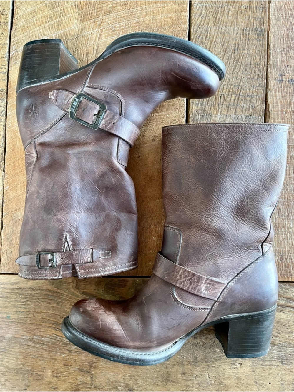 Frye Brown Leather Veronica Heeled Moto Boots 8